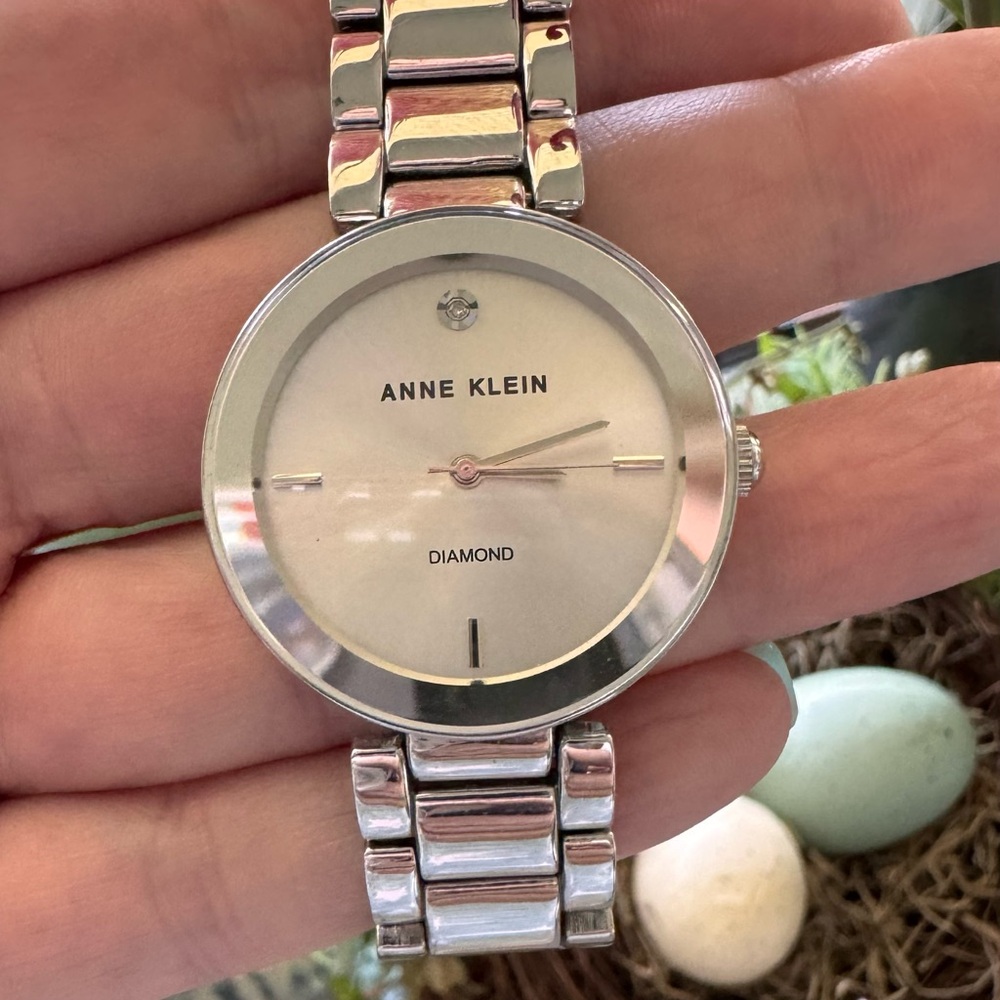 Anne Klein Silver and White Minimalist Diamond Accent Watch